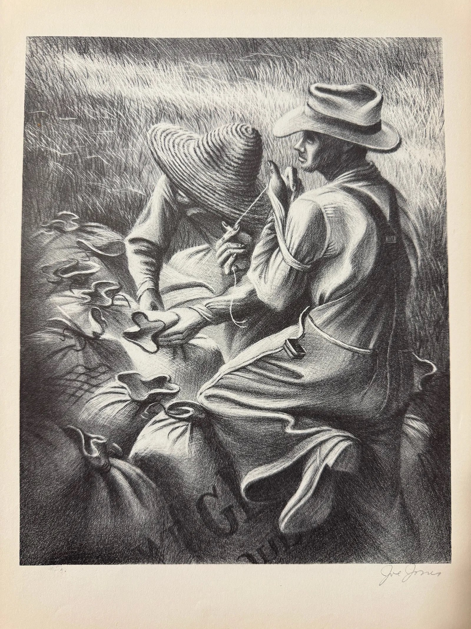 Joe Jones (American, 1909-1963) Print: Joe Jones (American, 1909-1963). Missouri Wheat Farmers Print.12.60 x 9.50 inches. Signed in the plate. Printed in 1939. Not hand-signed unless otherwise stated. Photomechanical Print. Lots that