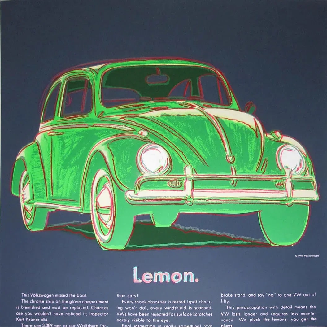 After Andy Warhol (American, 1928-1987) Silkscreen: After Andy Warhol (American, 1928-1987) Silkscreen. Volkswagen, 1985, from Ads Portfolio. FSII 358. 38.00 x 38.00 inches. Not hand-signed unless otherwise stated. Photomechanical Print. Lots that