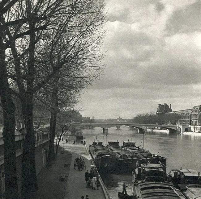 Roger Schall (French, 1904-1995) Print: Roger Schall (French, 1904-1995) Print. La Paris Seine-Pont du Carrousel. Printed in 1950. 6.50 x 6.50 inches Not hand-signed unless otherwise stated. Photomechanical Print. Lots that contain nudity