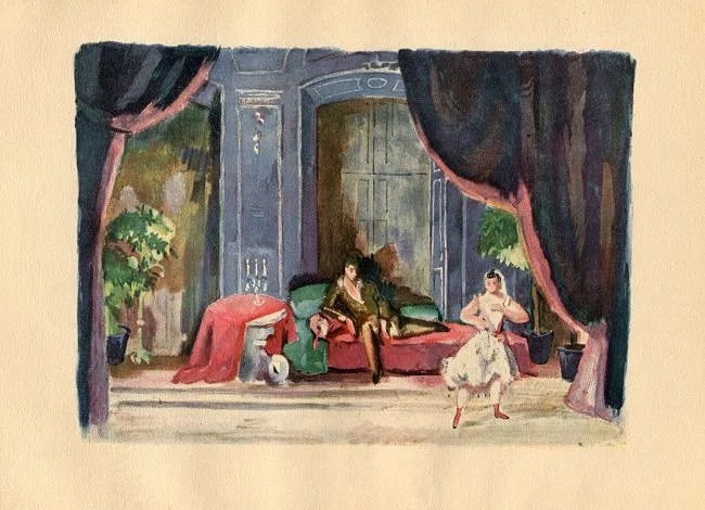Karl Walser ( Swiss, 1877-1943) Print: KarlL Walser ( Swiss,-1877-1943) Print. Set Design "Leonce und Lena". Printed in 1923.5.50 x 8.00 inches Not hand-signed unless otherwise stated. Photomechanical Print. Lots that contain nudity have