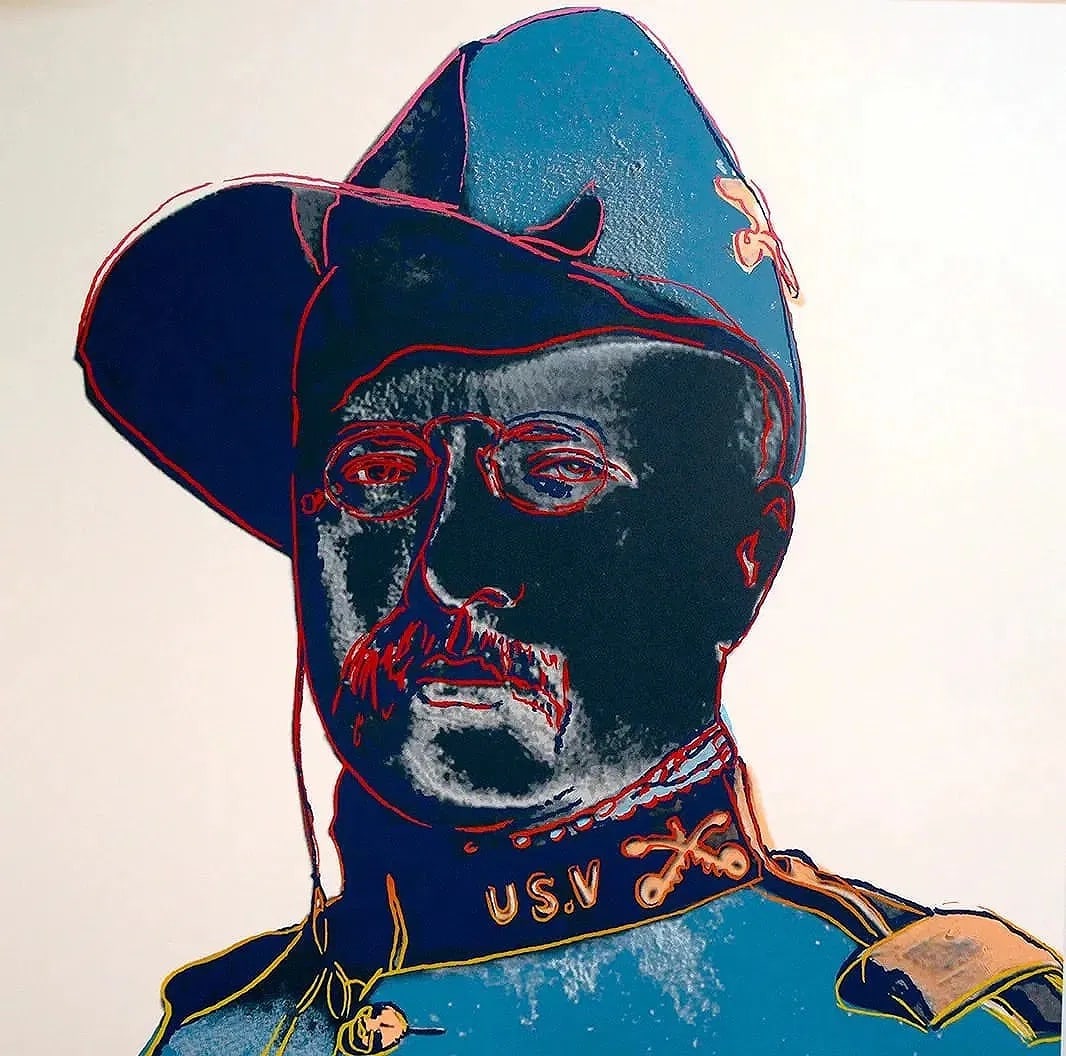 After Andy Warhol (American, 1928-1987) Teddy Roosevelt Silkscreen: After Andy Warhol (American, 1928-1987) Teddy Roosevelt, "1986" Silkscreen. FSII 386. 38.00 x 38.00 inches. Lenox Museum Board (paper). Embossed and printers markings. Not hand-signed unless