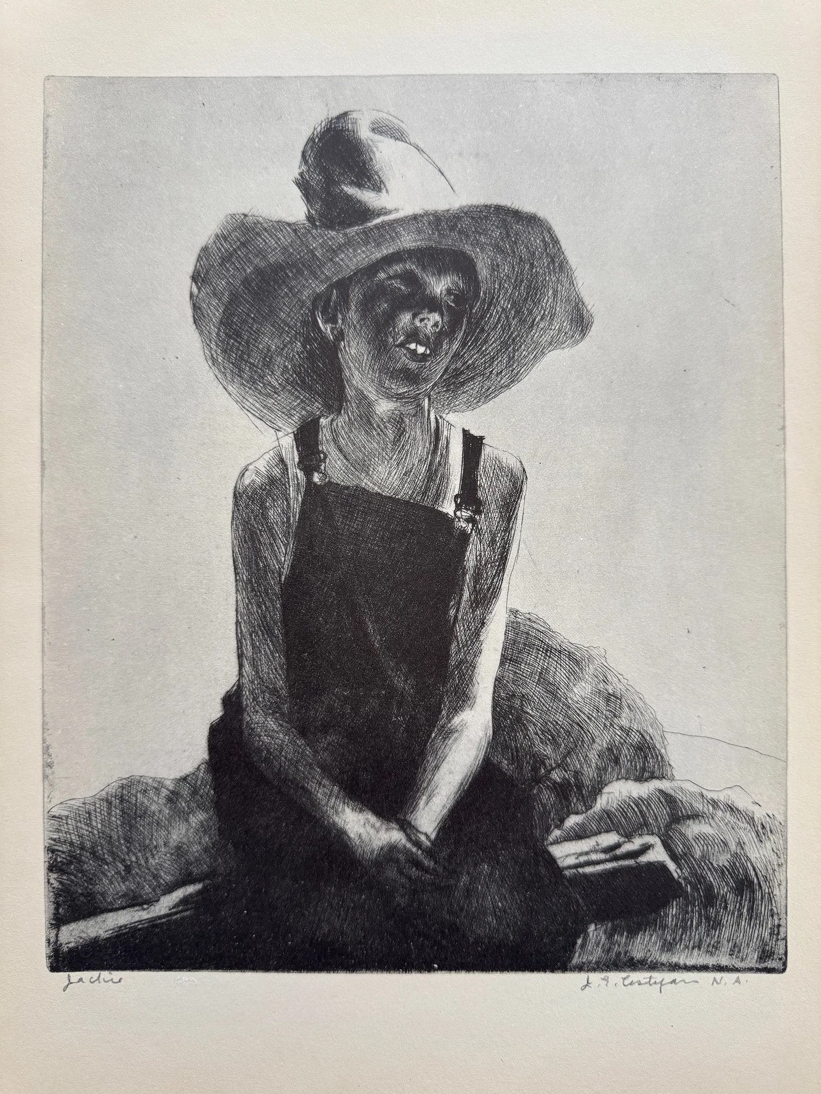 John. E. Costigan (American, 1888-1972) Print: John. E. Costigan (American, 1888-1972). Jackie Print. 12.60 x 9.50 inches. Signed in the plate. Printed in 1939. Not hand-signed unless otherwise stated. Photomechanical Print. Lots that contain