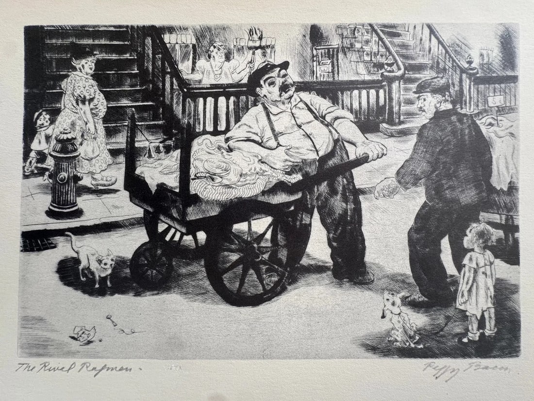 Peggy Bacon (American, 1895-1987) Print: Peggy Bacon (American, 1895-1987) Print. The Rival Ragmen Print. All markings done in the plate. Signed, dated, and titled in the plate. 9.00 x 12.00 inches. Printed in 1939. Not hand-signed unless ot