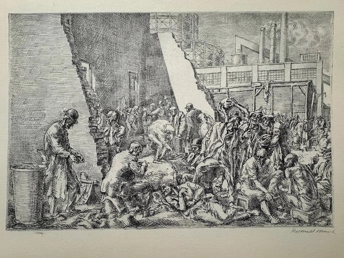 Reginald Marsh (American, 1898-1954) Print: Reginald Marsh (American, 1898-1954). The Jungle, "1934" Print.12.60 x 9.50 inches. Signed in the plate. Printed in 1939. Not hand-signed unless otherwise stated. Photomechanical Print. Lots that cont
