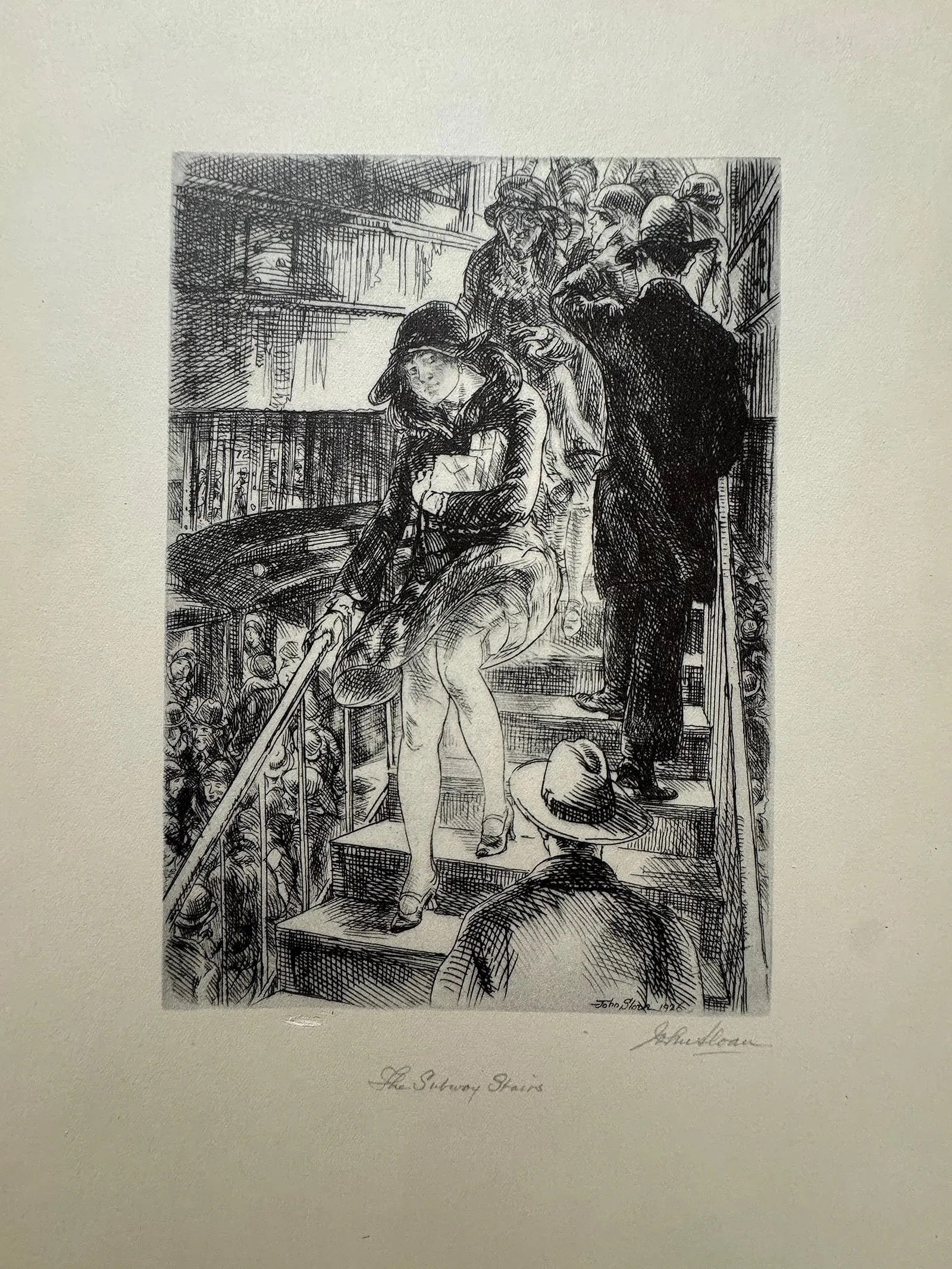 John Sloan (American, 1871-1951) Print: John Sloan (American, 1871-1951). The Subway Stairs Print.12.60 x 9.50 inches. Signed in the plate. Printed in 1939. Not hand-signed unless otherwise stated. Photomechanical Print. Lots that contain