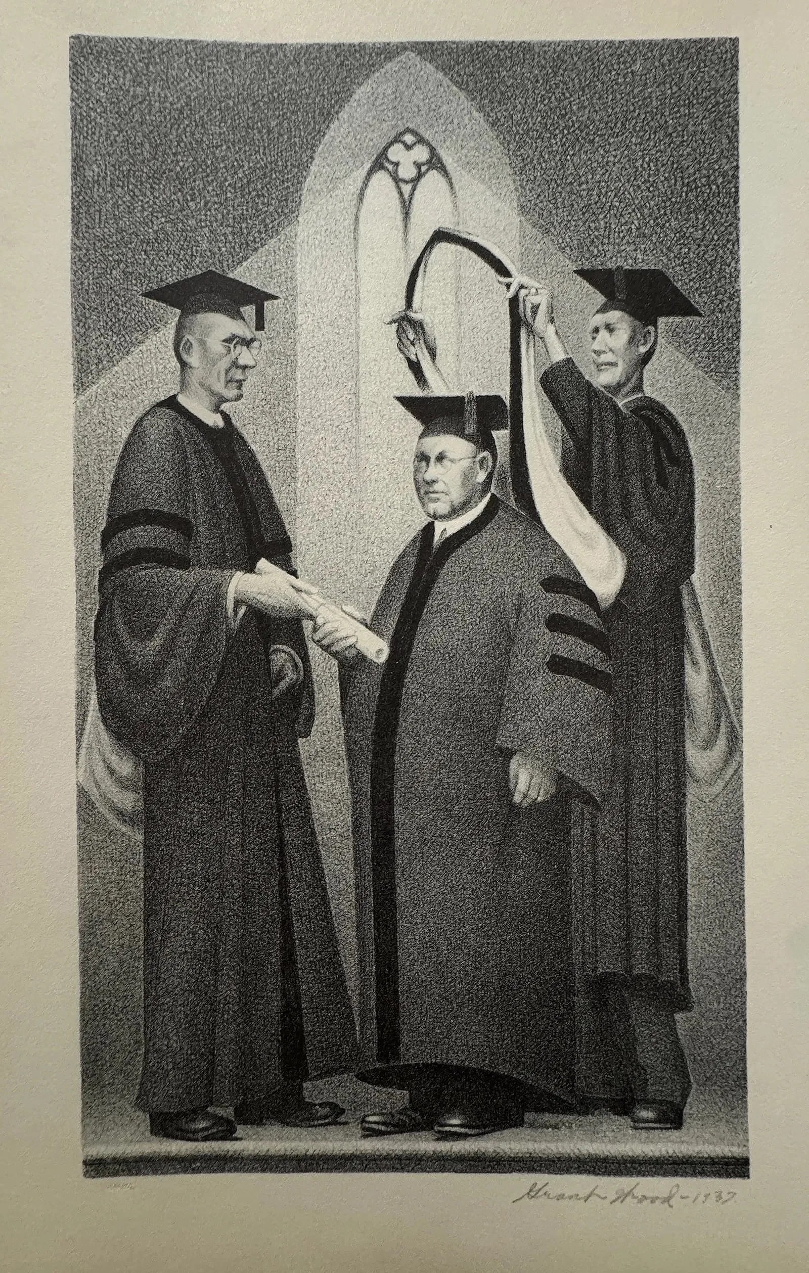 Grant Wood (American, 1891-1942) Print: Grant Wood (American, 1891-1942) Print. Honorary Degree, "1937" Print.12.60 x 9.50 inches. Signed in the plate. Printed in 1939. Not hand-signed unless otherwise stated. Photomechanical Print. Lots
