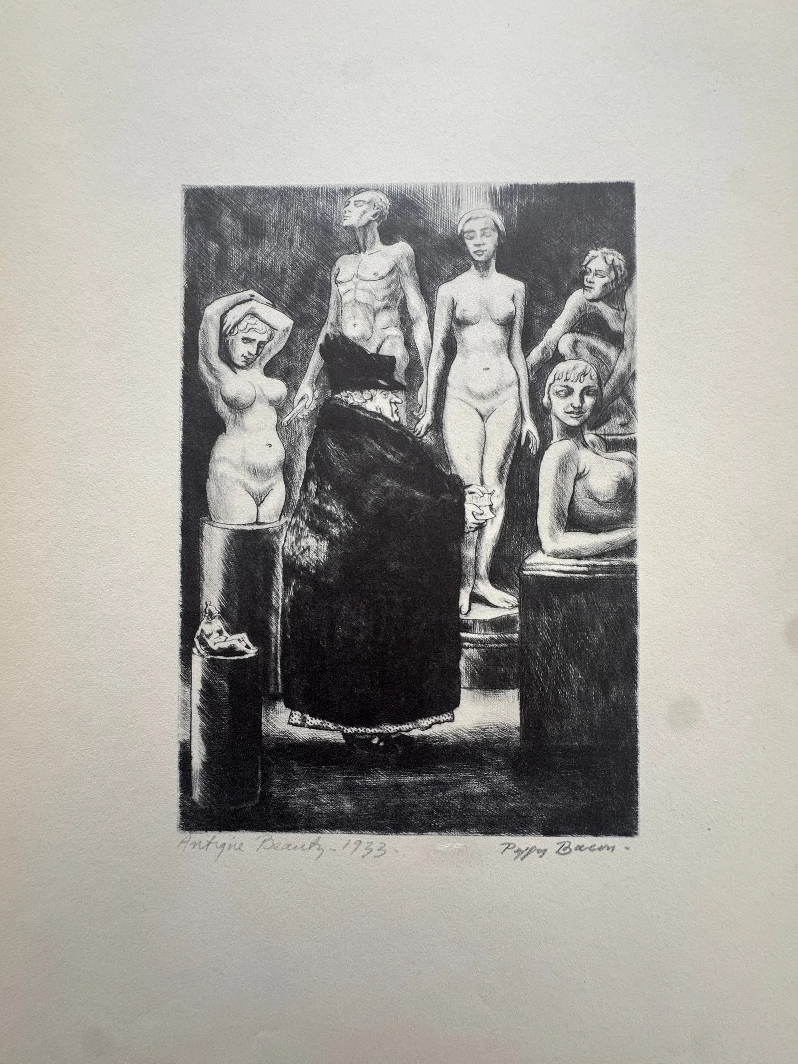 Peggy Bacon (American, 1895-1987) Print: Peggy Bacon (American, 1895-1987) Print. Antique Beauty, "1933" Print. All markings done in the plate. Signed, dated, and titled in the plate. 9.00 x 12.00 inches. Printed in 1939. Not hand-signed unl