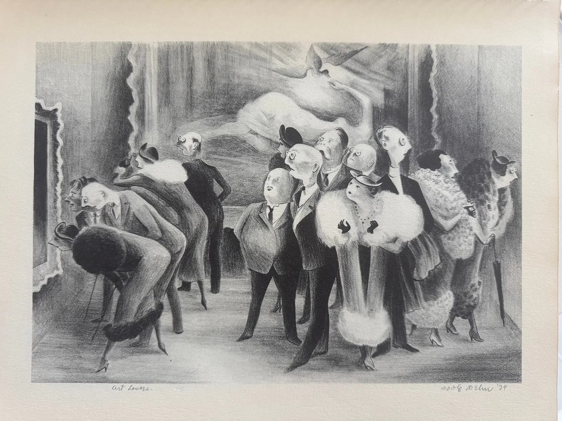 Adolf Dehn (American, 1895-1968) Print: Adolf Dehn (American, 1895-1968) Print. Art Lovers, "1934". 12.50 x 9.50 inches. Printed in 1939. Signed in the plate. Not hand-signed unless otherwise stated. Photomechanical Print. Lots that