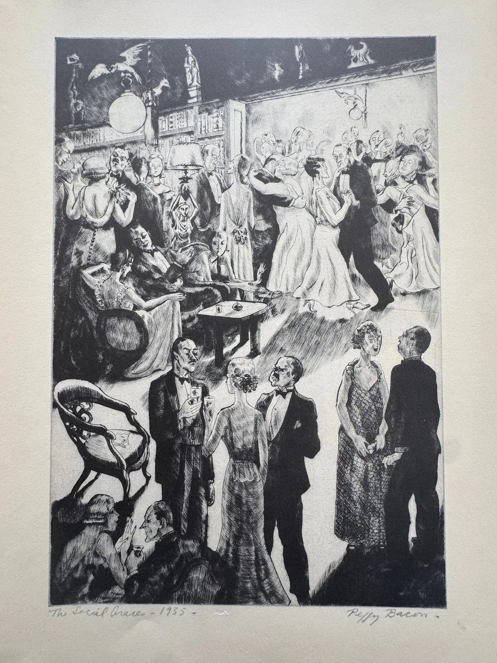 Peggy Bacon (American, 1895-1987) Print: Peggy Bacon (American, 1895-1987) Print. The Social Graces, "1935" Print. All markings done in the plate. Signed, dated, and titled in the plate. 9.00 x 12.00 inches. Printed in 1939. Not hand-signed 