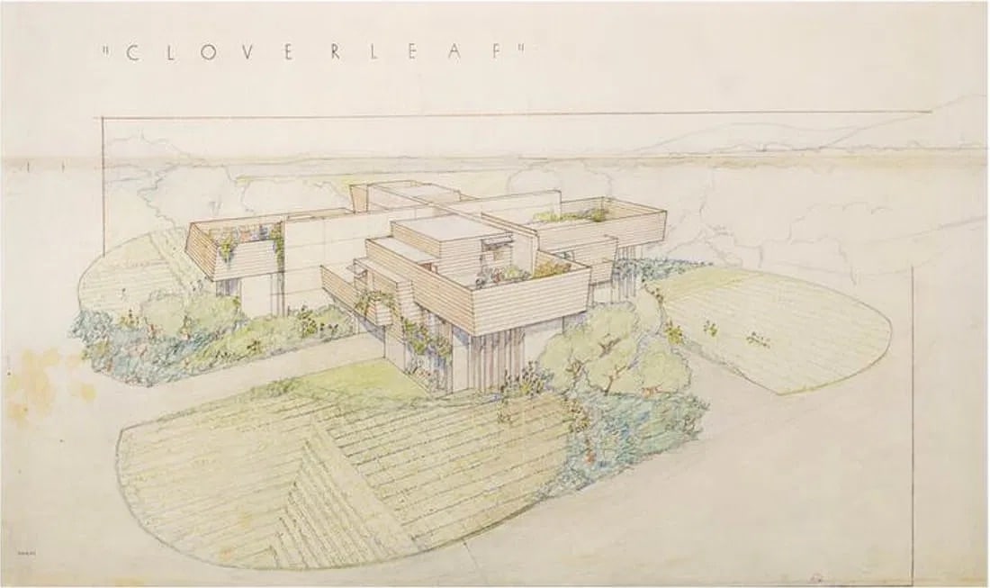After Frank Lloyd Wright (American, 1867-1959) Blueprint Print: After Frank Lloyd Wright (American, 1867-1959) Blueprint Print. Usonian Houses for the USA, Cloverfield, Pittsfield, Massachusetts, "1942". Bonded to fabric. 37.20 x 22.00 inches. Not hand-signed