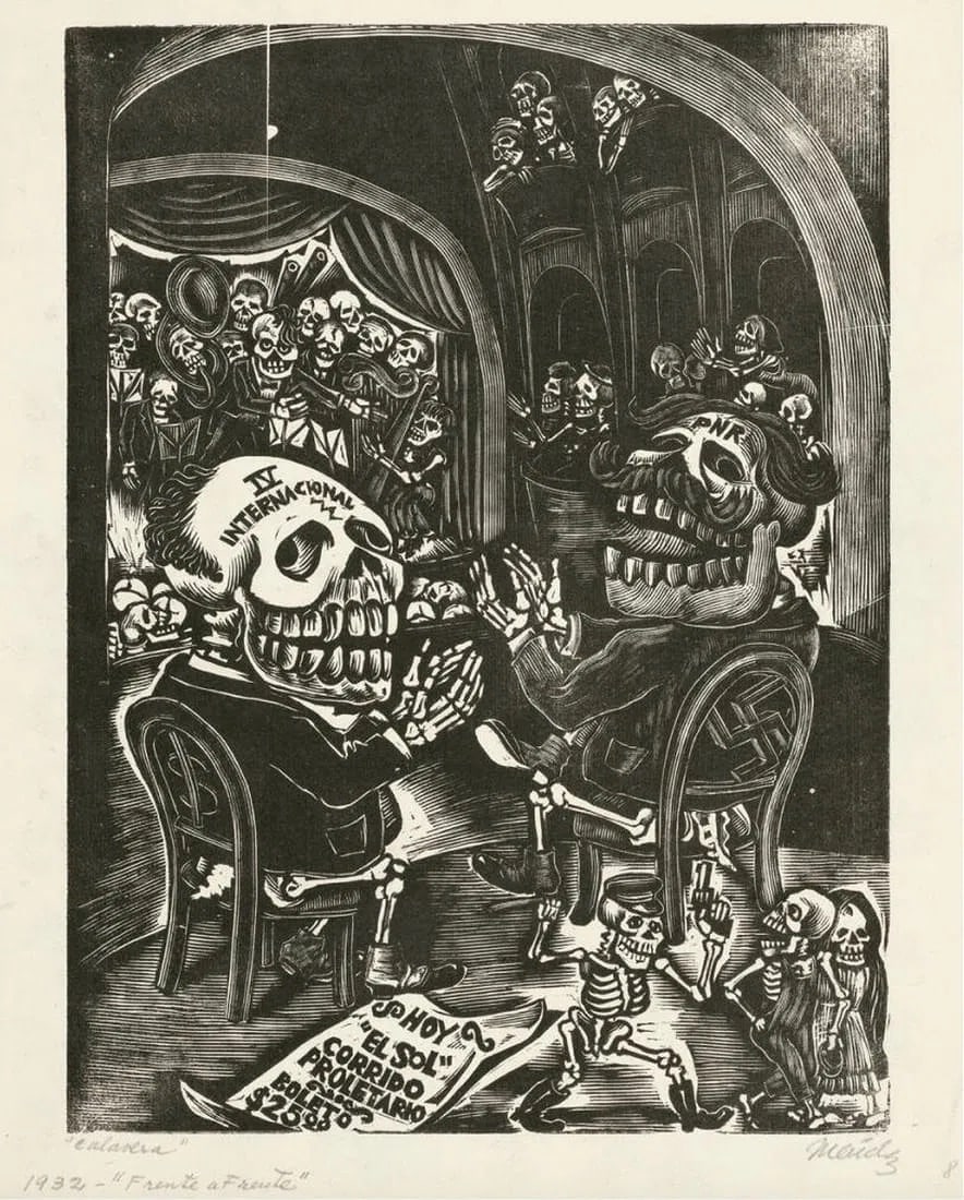 After Leopolod Mendez (Mexican, 1902-1969) Print: After Leopolod Mendez (Mexican, 1902-1969). Calaveras Symphony Concert, "1934" Print. All markings in the plate. Bonded to fabric. 12.75 x 15.75 inches. Not hand-signed unless otherwise stated.