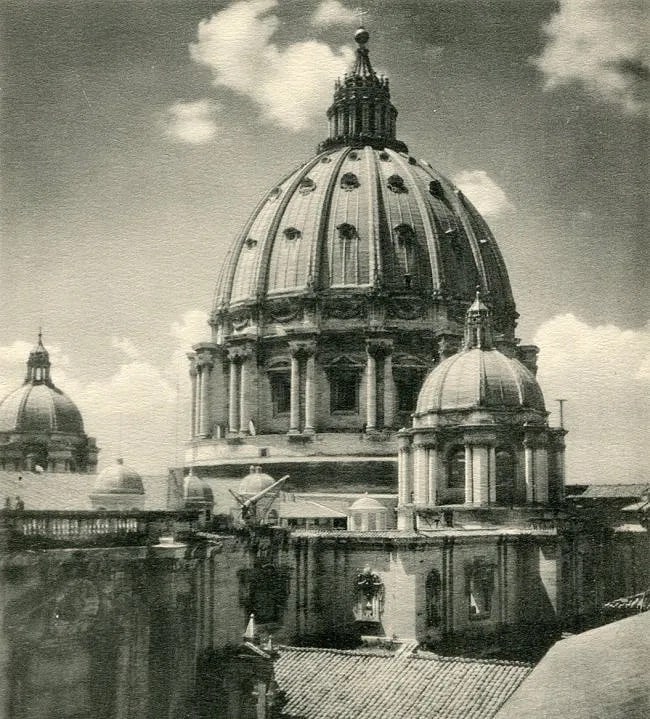 Rome Unknown Print: Rome Unknown Print. Cupola St Peter's. Printed in 1951. 7.00 x 7.50 inches Not hand-signed unless otherwise stated. Photomechanical Print. Lots that contain nudity have been partially obscured in the