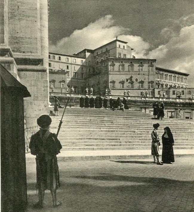 Rome Unknown Print: Rome Unknown Print. Palazza at the Vatican. Printed in 1951. 7.00 x 7.50 inches Not hand-signed unless otherwise stated. Photomechanical Print. Lots that contain nudity have been partially obscured in