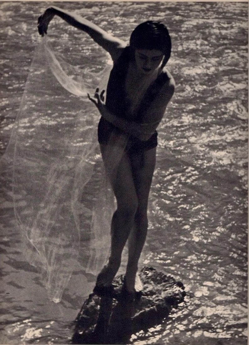 Hisao Okamoto Print: Hisao Okamoto Print. Nymphe. Printed in 1937. 9.00 x 11.00 inches Not hand-signed unless otherwise stated. Photomechanical Print. Lots that contain nudity have been partially obscured in the listing;