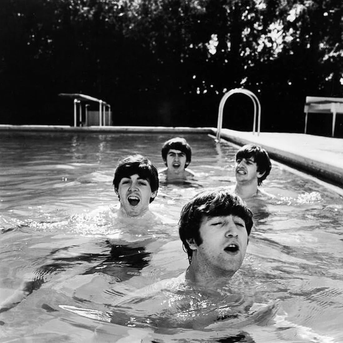John Loengard (American, 1934-2020) Print: John Loengard (American, 1934-2020) Print. The Beatles, Swimming. 47.50 x 47.50 inches. Not hand-signed unless otherwise stated. Photomechanical Print. Lots that contain nudity have been partially obs