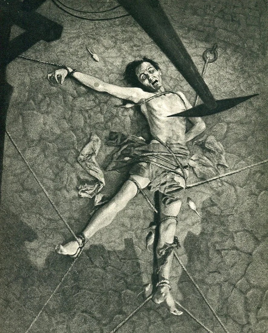 William Mortensen (American, 1897-1965) Print: William Mortensen (American, 1897-1965) Print. The Pit & The Pendulum. Printed in 1936. 8.00 x 10.00 inches Not hand-signed unless otherwise stated. Photomechanical Print. Lots that contain nudity