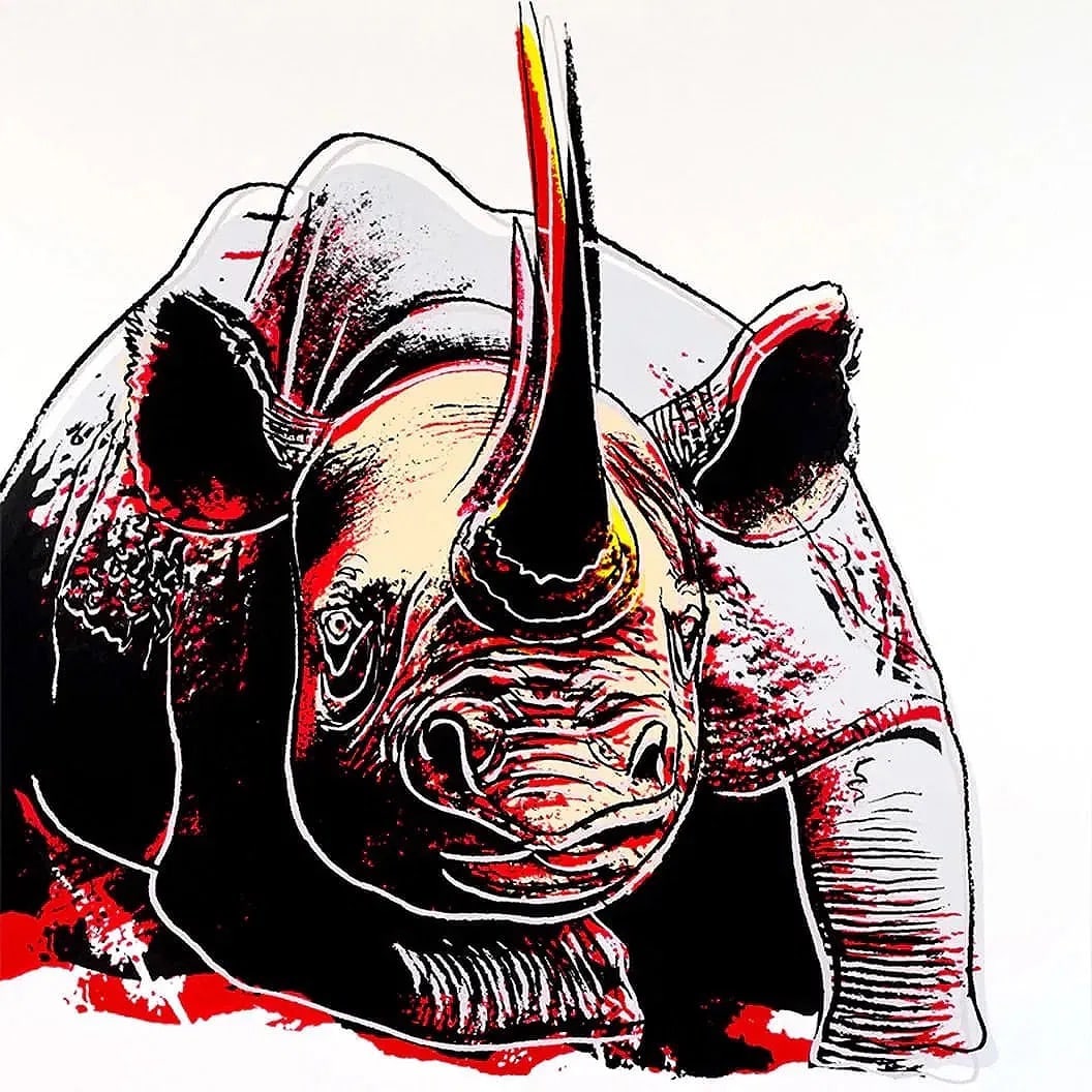 After Andy Warhol (American, 1928-1987) Black Rhinoceros Silkscreen: After Andy Warhol (American, 1928-1987) Black Rhinoceros, "1983" Silkscreen. Endagered Species Portfolio (Trial Proof). FSIIB 301. 38.00 x 38.00 inches. Correct stamping on backside, with blindstamp.