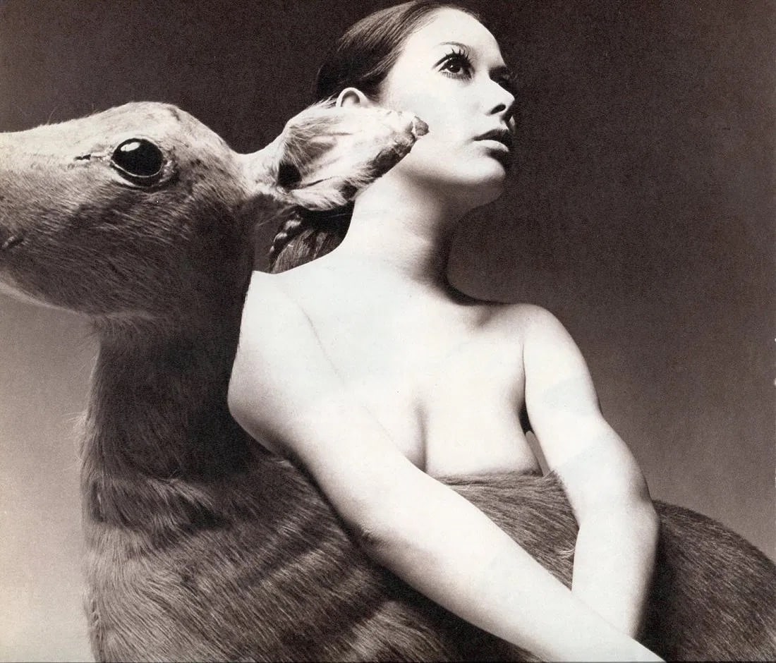 Yoshihiro Tatsuki (Japanese, b. 1937) Print: Yoshihiro Tatsuki (Japanese, b. 1937) Print. Nude with deer. Printed in 1970. 10.00 x 10.00 inches Not hand-signed unless otherwise stated. Photomechanical Print. Lots that contain nudity have been