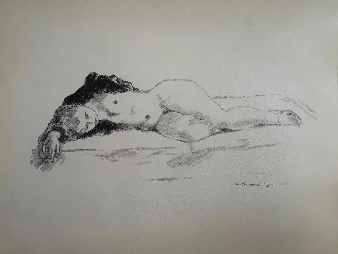Alexander Brook (American, 1898-1980) Print: Alexander Brook (American, 1898-1980). Sleep, "1930" Print. 12.60 x 9.50 inches. Signed in the plate. Printed in 1939. Not hand-signed unless otherwise stated. Photomechanical Print. Lots that