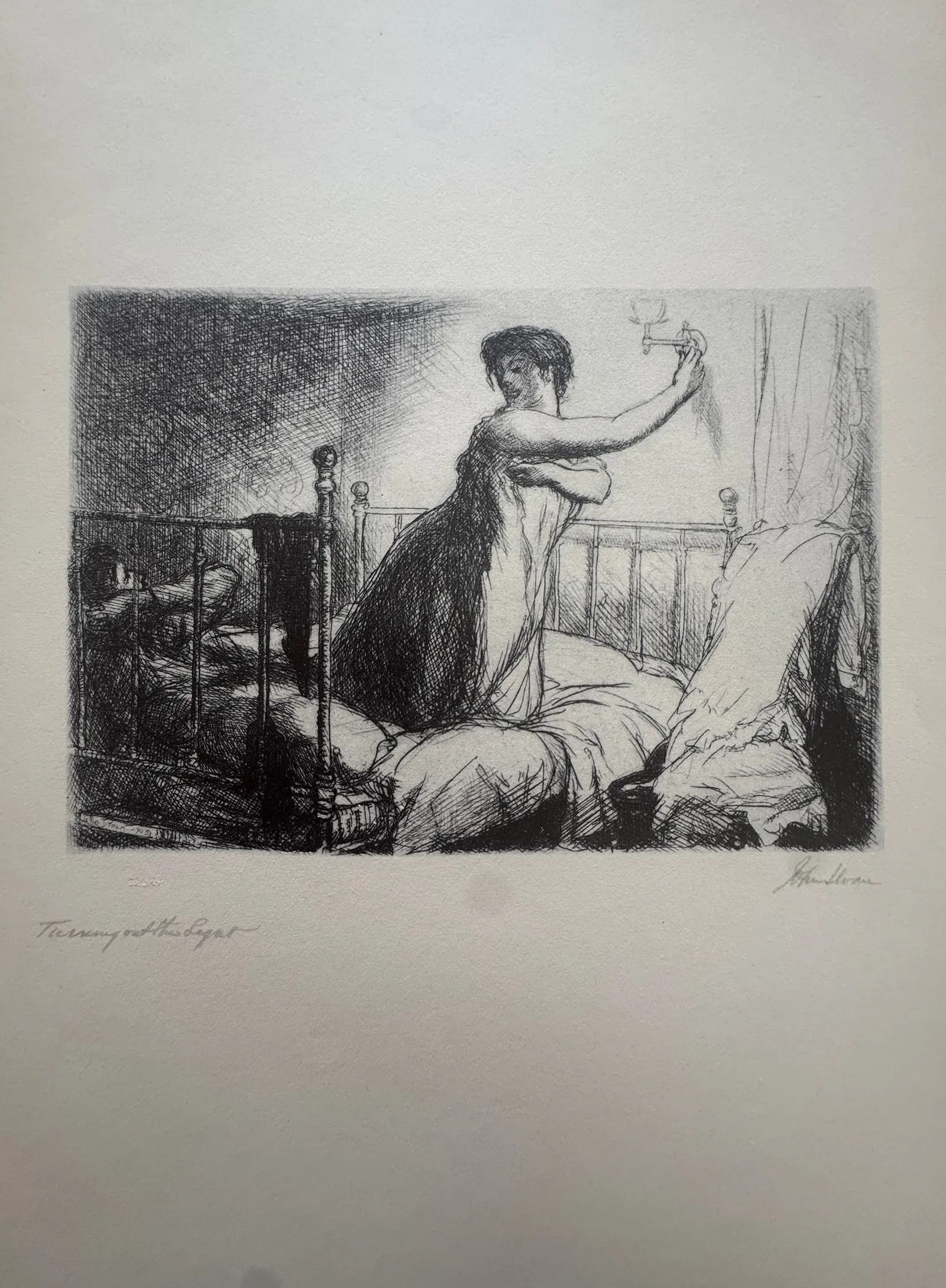 John Sloan (American, 1871-1951) Print: John Sloan (American, 1871-1951). Turning Out the Light Print.12.60 x 9.50 inches. Signed in the plate. Printed in 1939. Not hand-signed unless otherwise stated. Photomechanical Print. Lots that