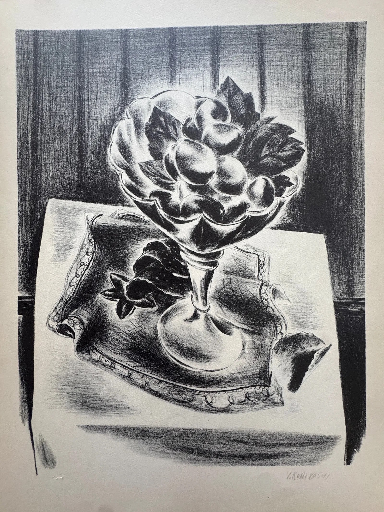 Yasuo Kuniyoshi (Japanese-American, 1889-1953) Print: Yasuo Kuniyoshi (Japanese-American, 1889-1953) Print. Grapes in a Bowl. 12.60 x 9.50 inches. Signed in the plate. Printed in 1939. Not hand-signed unless otherwise stated. Photomechanical Print. Lots