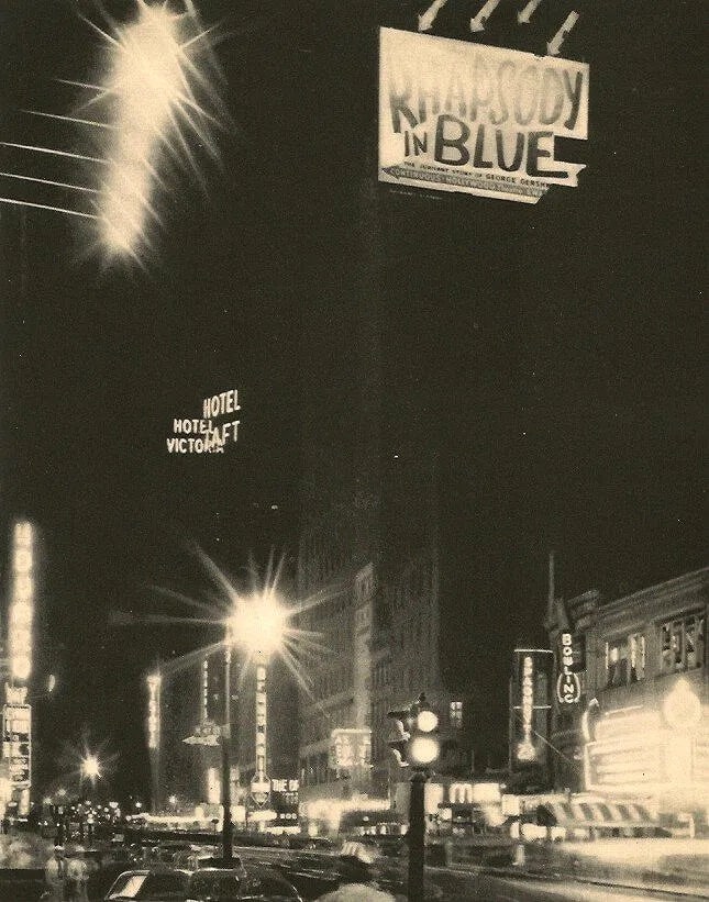 Jarland Print: Jarland Print. Theatre District at 1 AM. Printed in 1949. 6.50 x 8.00 inches Not hand-signed unless otherwise stated. Photomechanical Print. Lots that contain nudity have been partially obscured in