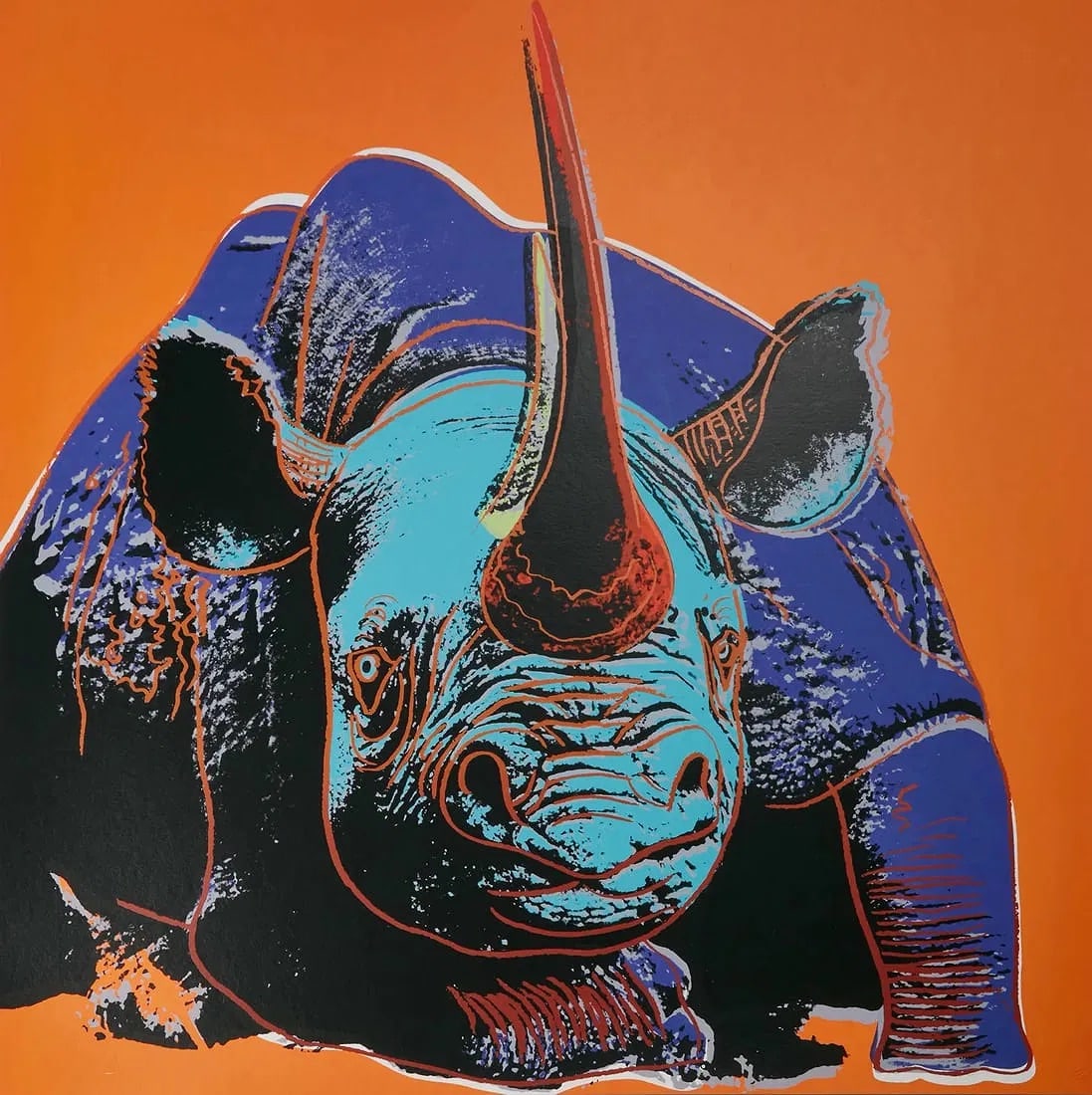 After Andy Warhol (American, 1928-1987) Silkscreen: After Andy Warhol (American, 1928-1987). Black Rhinoceros, from Endangered Species, 1983 (F. & S. II.301). Screen print in colors on Lenox Museum Board stamped in red on verso. Andy Warhol "1983:
