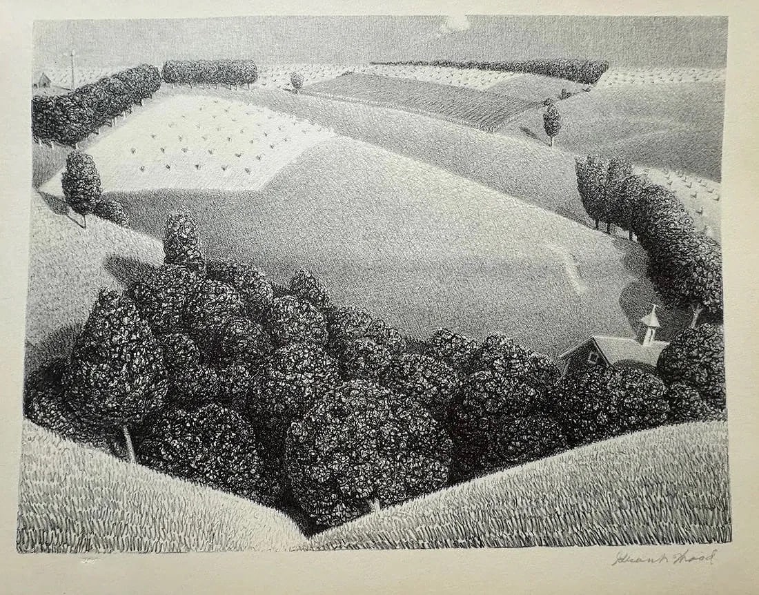 Grant Wood (American, 1892-1942) Print: Grant Wood (American, 1891-1942). July Fifteenth Print.12.60 x 9.50 inches. Signed in the plate. Printed in 1939. Not hand-signed unless otherwise stated. Photomechanical Print. Lots that contain nudi