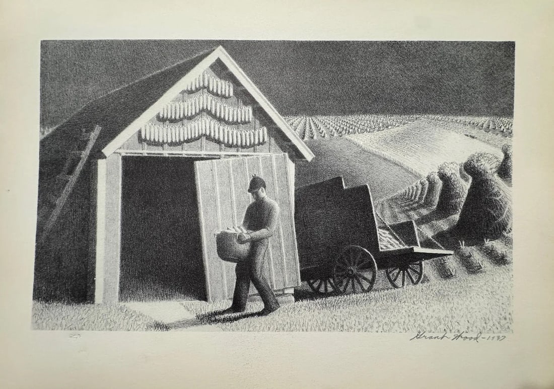 Grant Wood (American, 1891-1942) Print: Grant Wood (American, 1891-1942). Seedtime and Harvest, "1937" Print.12.60 x 9.50 inches. Signed in the plate. Printed in 1939. Not hand-signed unless otherwise stated. Photomechanical Print. Lots