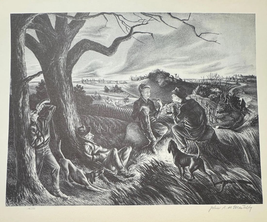 John Stockton de Martelly (American, 1903-1979) Print: John Stockton de Martelly (American, 1903-1979). Blue Valley Fox Hunt Print.12.60 x 9.50 inches. Signed in the plate. Printed in 1939. Not hand-signed unless otherwise stated. Photomechanical Print. L