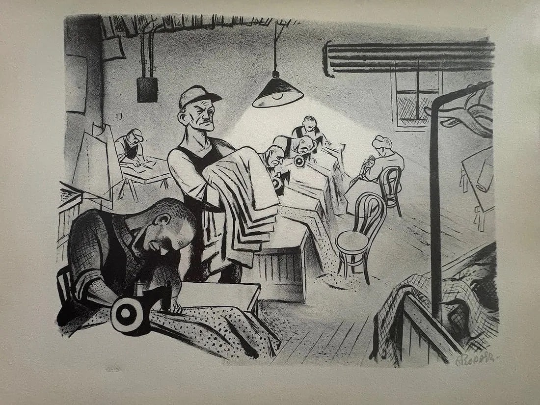 William Gropper (American, 1897-1977) Print: William Gropper (American, 1897-1977). Sweatshop Print. 12.60 x 9.50 inches. Signed in the plate. Printed in 1939. Not hand-signed unless otherwise stated. Photomechanical Print. Lots that contain nud