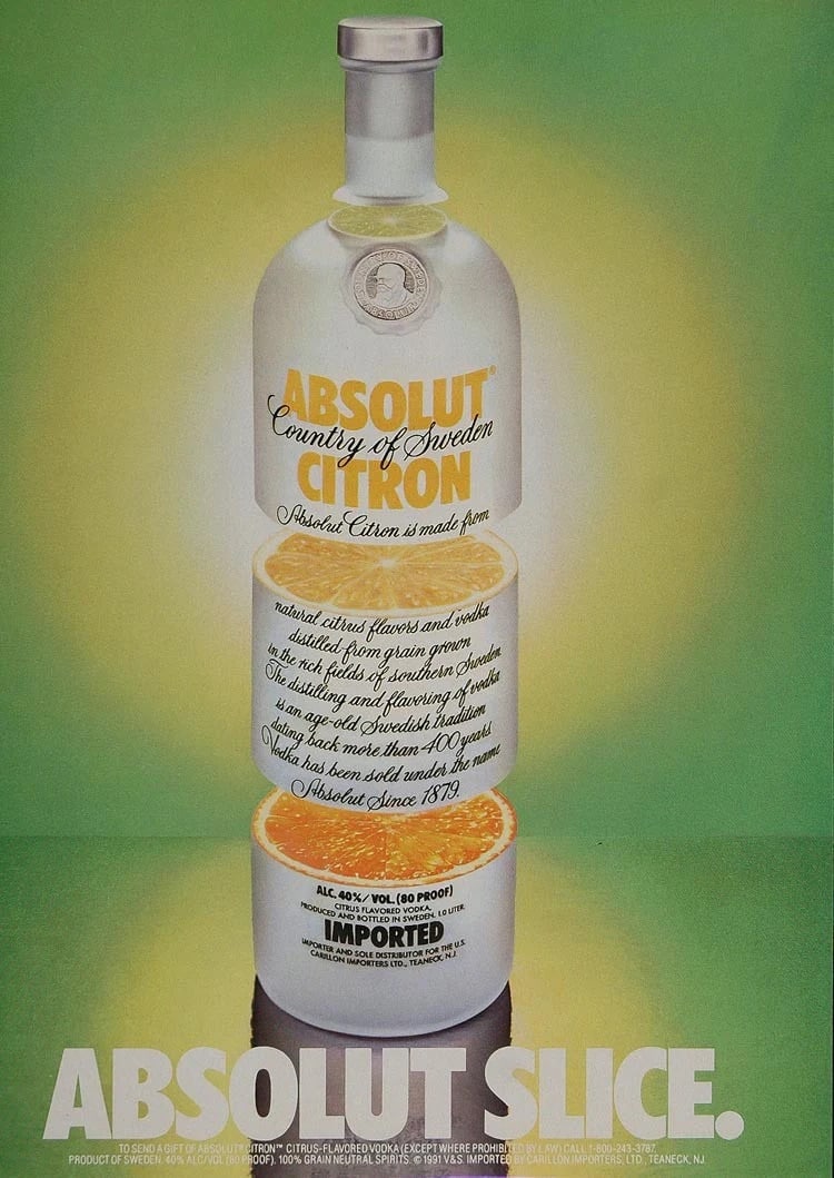 Absolut Citron Advertisment: Absolut Citron Advertisment. Printed in 1991. Not hand-signed unless otherwise stated. Photomechanical Print. Lots that contain nudity have been partially obscured in the listing; unblurred images are