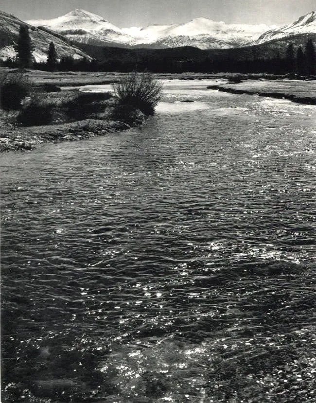 Ansel Adams (American, 1902- 1984) Print: Ansel Adams (American, 1902- 1984) Print. Tuolomne River, Yosemite. Printed in 1960. 7.00 x 9.00 inches. Not hand-signed unless otherwise stated. Photomechanical Print. Lots that contain nudity have