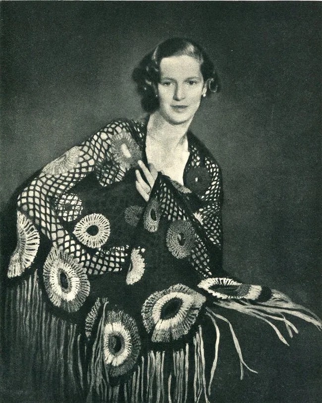 Helen F.R.P.S. Campbell Print: Helen F.R.P.S. Campbell Print. Shawl with Circles. Printed in 1937. 8.00 x 10.50 inches. Not hand-signed unless otherwise stated. Photomechanical Print. Lots that contain nudity have been partially