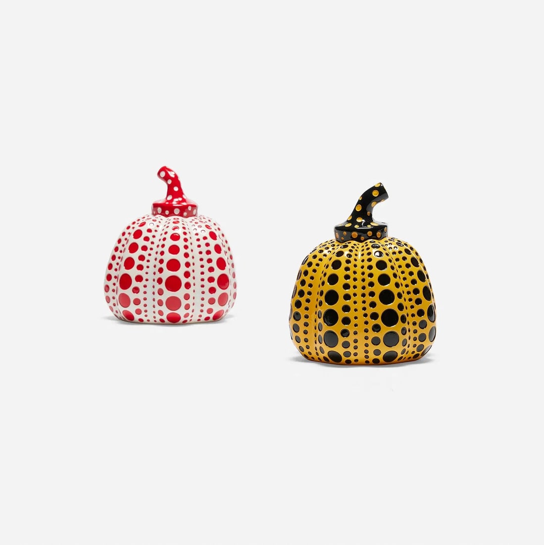 Yayoi Kusama (Japanese, b. 1929) Set of Two Pumpkins: Yayoi Kusama (Japanese, b. 1929) Set of Two Pumpkins. 4.00 x 3.15 inches. Resin. Photomechanical Print. Lots that contain nudity have been partially obscured in the listing; unblurred images are