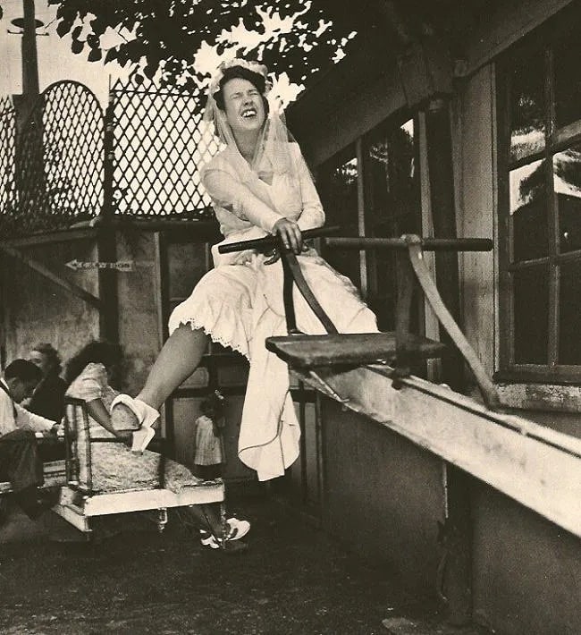 Robert Doisneau (French, 1912-1994) Print: Robert Doisneau (French, 1912-1994) Print. Bride at Gegene's. 1946. Printed in 1979. 7.50 x 7.00 inches. Not hand-signed unless otherwise stated. Photomechanical Print. Lots that contain nudity have b