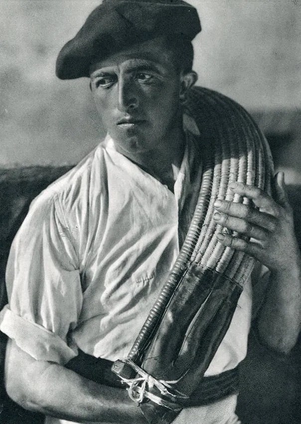 Jose Ortiz Echague (Spanish, 1886-1980) Print: Jose Ortiz Echague (Spanish, 1886-1980) Print. Basque Ball Player. Printed in 1965. 9.25 x 13.00 inches. Not hand-signed unless otherwise stated. Photomechanical Print. Lots that contain nudity have