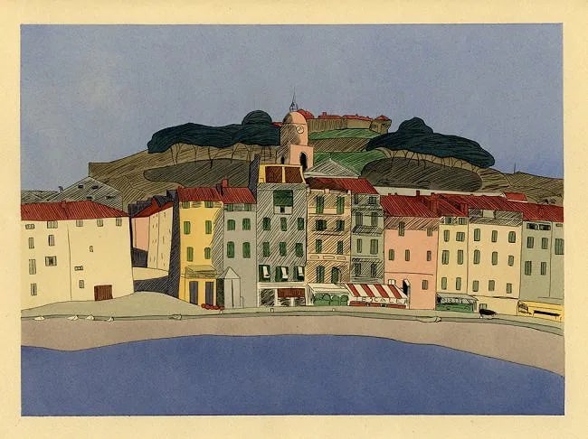 Augusta Rathbone (American, 1897-1990) Print: Augusta Rathbone (American, 1897-1990) Print. French Riviera Village Pochoir. Printed in 1938. 9.00 x 12.00 inches. Not hand-signed unless otherwise stated. Photomechanical Print. Lots that contain