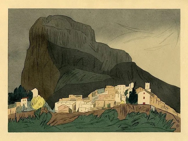 Augusta Rathbone (American, 1897-1990) Print: Augusta Rathbone (American, 1897-1990) Print. French Riviera Village Pochoir. Printed in 1938.9.00 x 12.00 inches. Not hand-signed unless otherwise stated. Photomechanical Print. Lots that contain