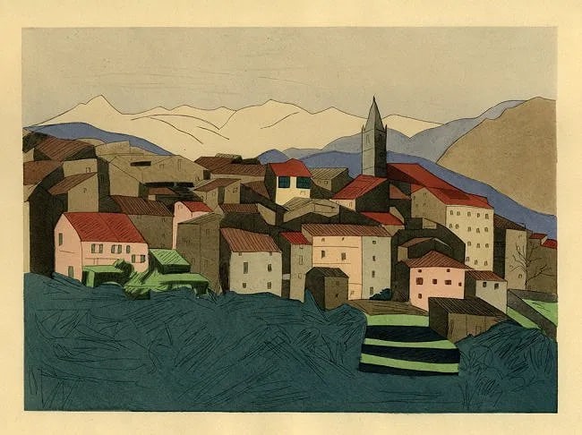 Augusta Rathbone (American, 1897-1990) Print: Augusta Rathbone (American, 1897-1990) Print. French Riviera Village Pochoir. Printed in 1938.9.00 x 12.00 inches. Not hand-signed unless otherwise stated. Photomechanical Print. Lots that contain