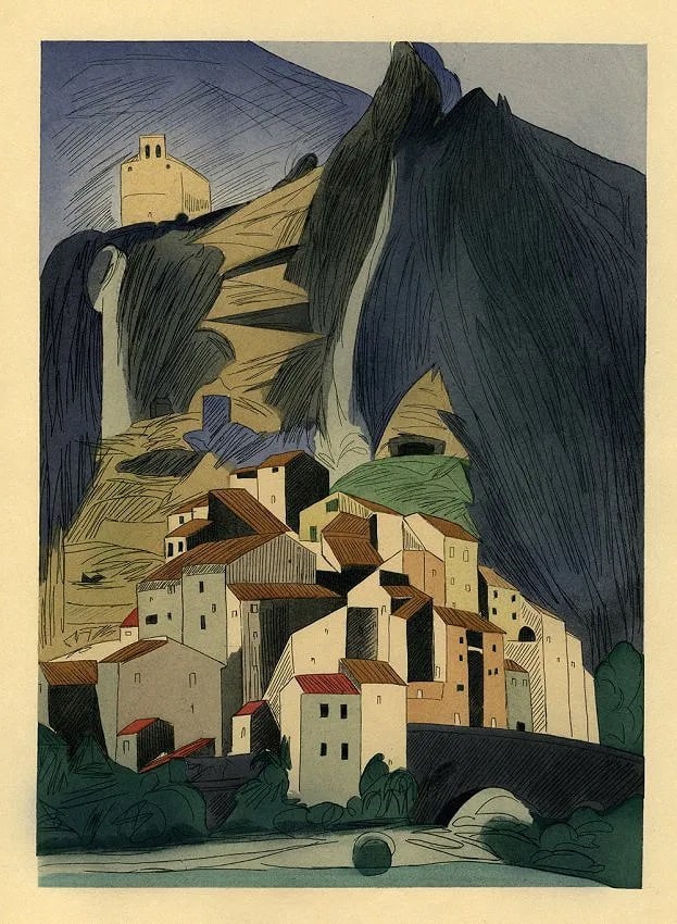 Augusta Rathbone (American, 1897-1990) Print: Augusta Rathbone (American, 1897-1990) Print. French Riviera Village Pochoir. Printed in 1938.9.00 x 12.00 inches. Not hand-signed unless otherwise stated. Photomechanical Print. Lots that contain