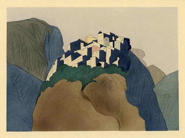 Augusta Rathbone (American, 1897-1990) Print: Augusta Rathbone (American, 1897-1990) Print. French Riviera Village Pochoir. Printed in 1938.9.00 x 12.00 inches. Not hand-signed unless otherwise stated. Photomechanical Print. Lots that contain