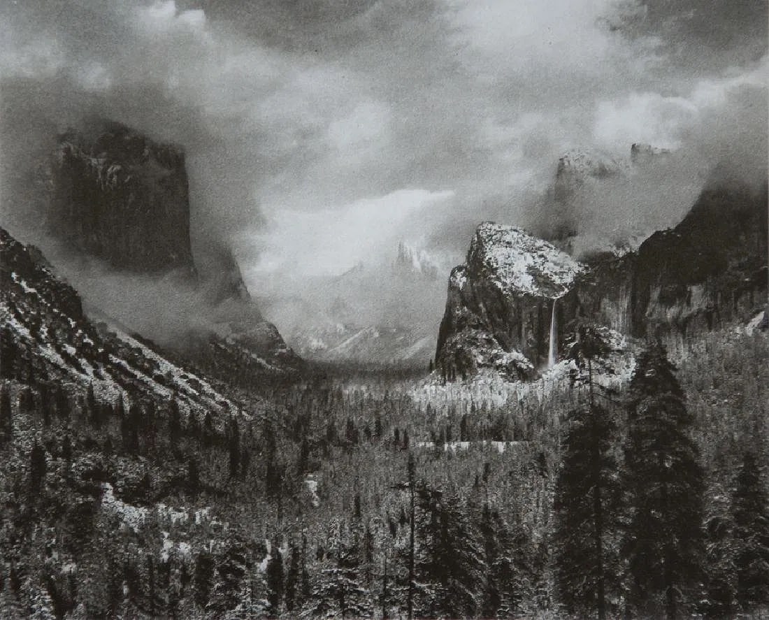 Ansel Adams (American, 1902-1984) Print: Ansel Adams (American, 1902-1984) Print. Clearing Winter Storm, Yosemite, "1944". Printed in 1976, Great Britain. 7.00 x 5.75 inches. Photogravure. Not hand-signed unless otherwise stated.
