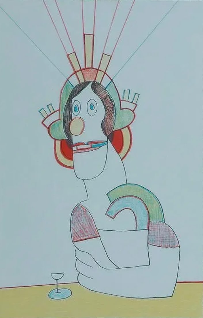 Saul Steinberg (American, 1914-1999) Print: Saul Steinberg (American, 1914-1999) Print. Untitled-Color Lithograph. Printed in 1977. Not hand-signed unless otherwise stated. Photomechanical Print. Lots that contain nudity have been partially