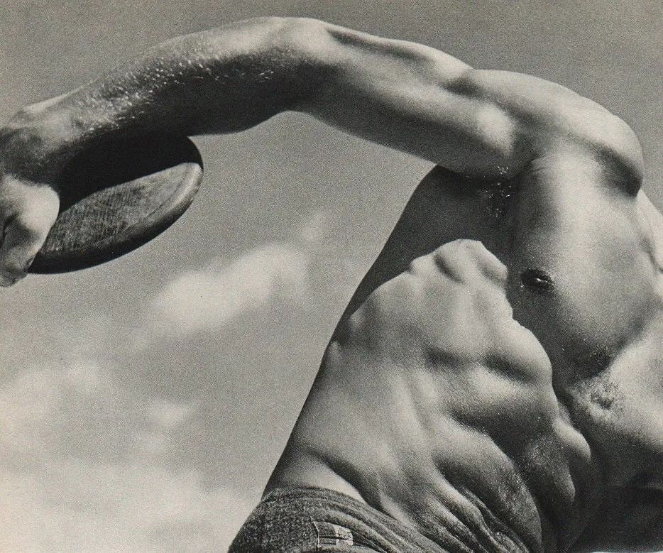 Roger Schall (French, 1904-1995) Print: Roger Schall (French, 1904-1995) Print. Discus Thrower. Printed in 1954. 9.5 x 7.75 inches. Not hand-signed unless otherwise stated. Photomechanical Print. Lots that contain nudity have been partially