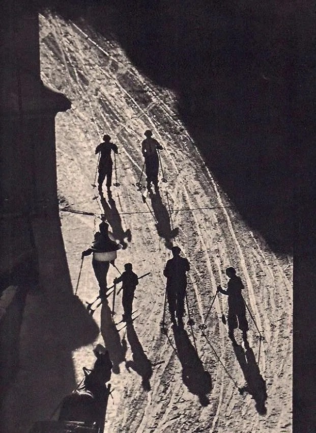 Hein Gorny (German, 1904-1967) Print: Hein Gorny (German, 1904-1967) Print. Skiers. Printed in 1935. 7.50 x 9.00 inches. Not hand-signed unless otherwise stated. Photomechanical Print. Lots that contain nudity have been partially