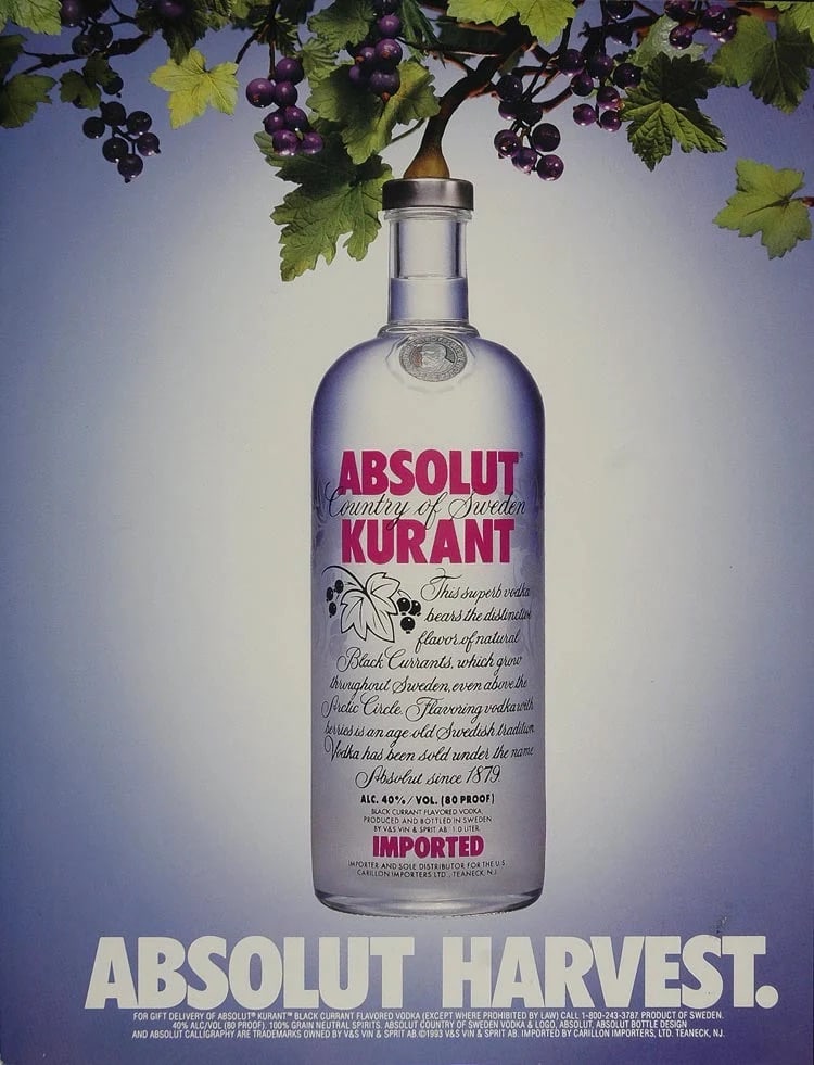 Absolut Kurant Advertisment: Absolut Kurant Advertisment. Printed in 1993. Not hand-signed unless otherwise stated. Photomechanical Print. Lots that contain nudity have been partially obscured in the listing; unblurred images
