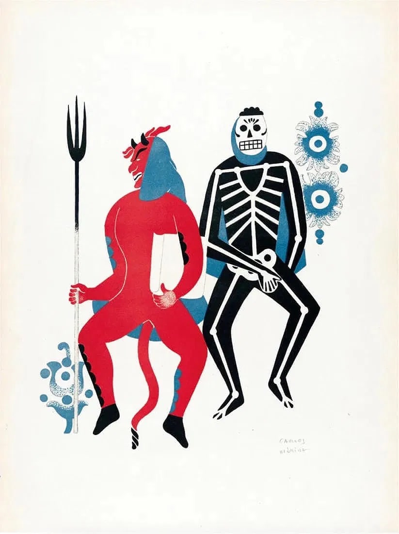 After Carlos Merida (Guatemalan, 1891-1984) Two Men in Costume, "1940" Print: After Carlos Merida (Guatemalan, 1891-1984) Two Men in Costume, "1940" Print. Bonded to fabric. Marked in the plate near the bottom right. 22.50 x 30.00 inches. Photomechanical Print. Lots that