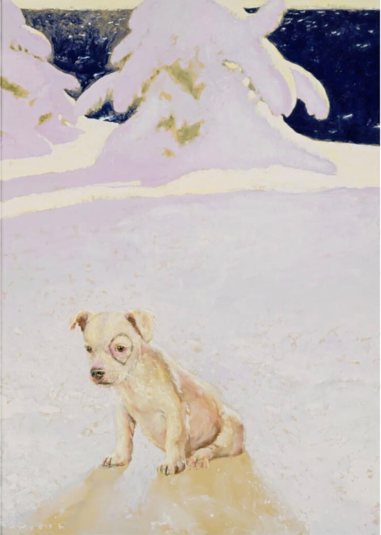 Jamie Wyeth (American, b. 1946) Print: Jamie Wyeth (American, b. 1946) Print. Ziggy on Ice, "2021". 36.75 x 53.00 inches. Not hand-signed unless otherwise stated. Photomechanical Print. Lots that contain nudity have been partially