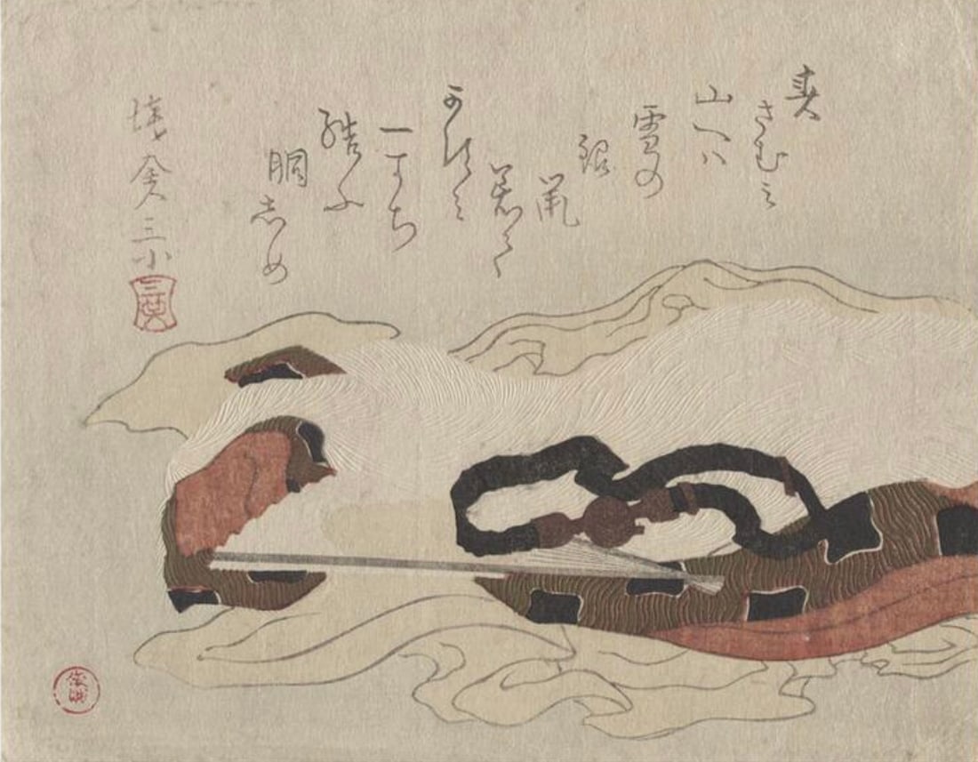 After Kubo Shunman (Japanese, 1757-1820) Print: After Kubo Shunman (Japanese, 1757-1820) Print. Yamabushi Regalia Strewn in a Heap after a Ceremony. 24.00 x 18.50 inches. Bonded to fabric. Not hand-signed unless otherwise stated. Photomechanical